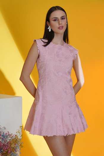 Parneet Gujral_Pink Crepe Round Neck Dori Embroidered Dress _Online_at_Aza_Fashions