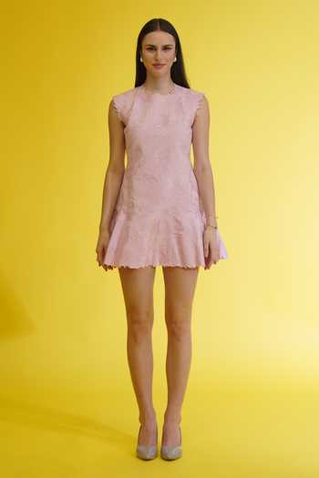 Shop_Parneet Gujral_Pink Crepe Round Neck Dori Embroidered Dress _at_Aza_Fashions