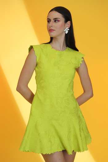 Buy_Parneet Gujral_Yellow Crepe Round Neck Thread Embroidered Dress _at_Aza_Fashions