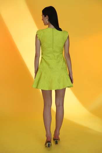 Shop_Parneet Gujral_Yellow Crepe Round Neck Thread Embroidered Dress _at_Aza_Fashions