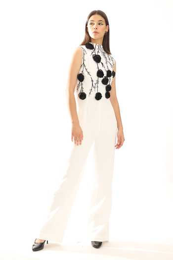 Parneet Gujral_White Crepe High Neck Placement Embroidered Jumpsuit _Online_at_Aza_Fashions
