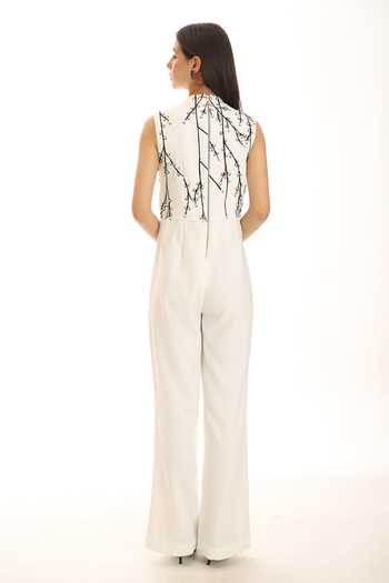 Shop_Parneet Gujral_White Crepe High Neck Placement Embroidered Jumpsuit _at_Aza_Fashions