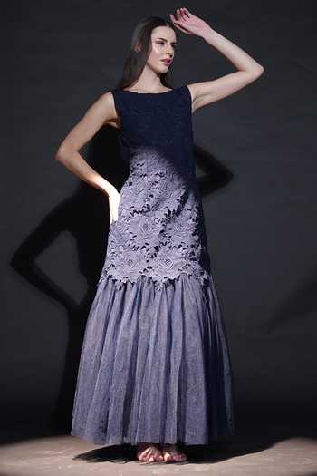 Buy_Parneet Gujral_Blue Crepe Lace, Applique, Fabric Flowers High Neck Floral Work Gown _at_Aza_Fashions