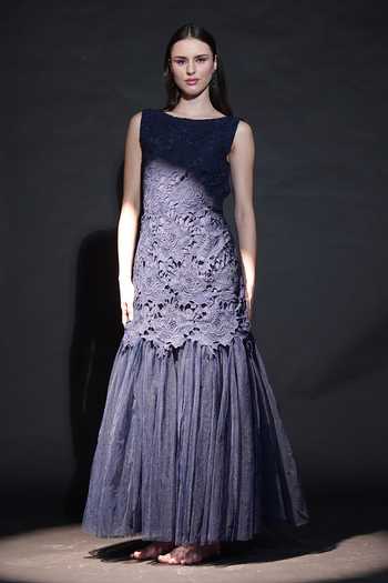 Buy_Parneet Gujral_Blue Crepe Lace, Applique, Fabric Flowers High Neck Floral Work Gown _Online_at_Aza_Fashions