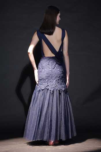 Shop_Parneet Gujral_Blue Crepe Lace, Applique, Fabric Flowers High Neck Floral Work Gown _at_Aza_Fashions