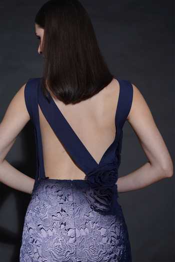 Parneet Gujral_Blue Crepe Lace, Applique, Fabric Flowers High Neck Floral Work Gown _at_Aza_Fashions