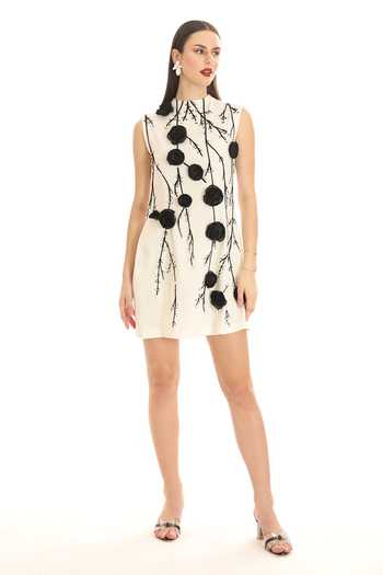 Buy_Parneet Gujral_White Crepe Round Neck Floral Embroidered Short Dress _Online_at_Aza_Fashions