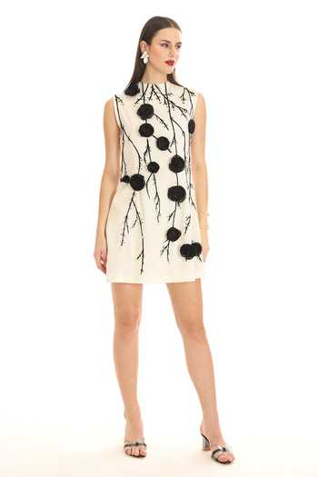 Shop_Parneet Gujral_White Crepe Round Neck Floral Embroidered Short Dress _Online_at_Aza_Fashions