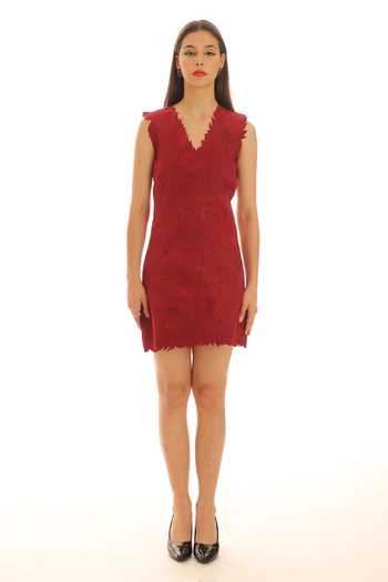 Buy_Parneet Gujral_Maroon Crepe V-neck Flower Embroidered Short Dress _Online_at_Aza_Fashions