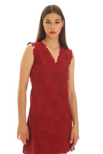 Buy_Parneet Gujral_Maroon Crepe V-neck Flower Embroidered Short Dress _at_Aza_Fashions