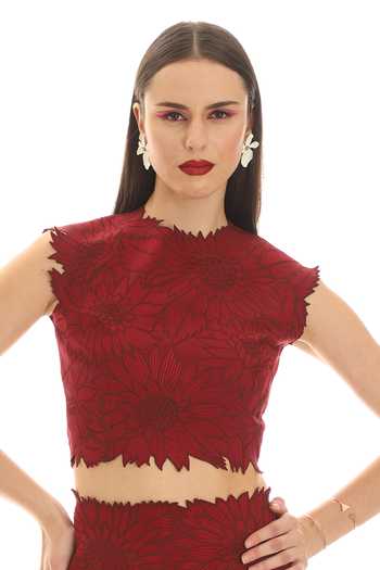 Buy_Parneet Gujral_Maroon Crepe High Neck Thread Work Crop Top _at_Aza_Fashions