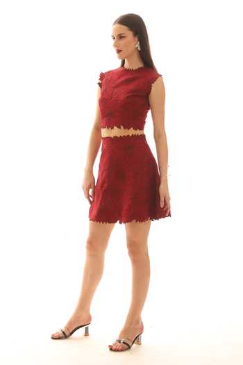 Parneet Gujral_Maroon Crepe Embroidered Short Skirt _Online_at_Aza_Fashions