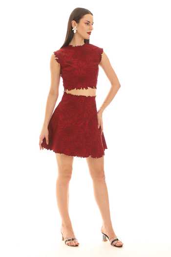 Shop_Parneet Gujral_Maroon Crepe Embroidered Short Skirt _Online_at_Aza_Fashions