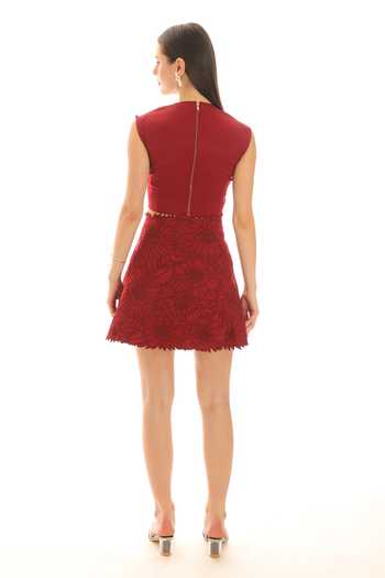 Shop_Parneet Gujral_Maroon Crepe Embroidered Short Skirt _at_Aza_Fashions