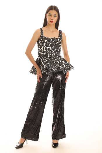 Shop_Parneet Gujral_Black Crepe Square Neck Floral Embroidered Top _Online_at_Aza_Fashions