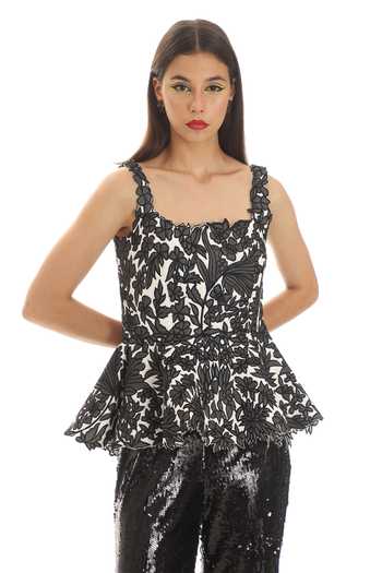 Parneet Gujral_Black Crepe Square Neck Floral Embroidered Top _at_Aza_Fashions