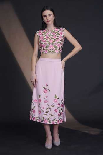 Shop_Parneet Gujral_Pink Crepe Floral Border Embroidered Skirt _Online_at_Aza_Fashions