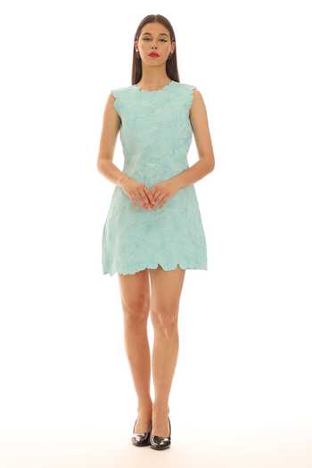 Parneet Gujral_Blue Crepe High Neck Embroidered Short Dress _Online_at_Aza_Fashions