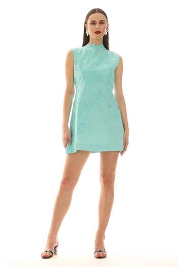 Buy_Parneet Gujral_Blue Crepe High Neck Thread Embroidered Short Dress _Online_at_Aza_Fashions