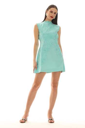 Parneet Gujral_Blue Crepe High Neck Thread Embroidered Short Dress _at_Aza_Fashions