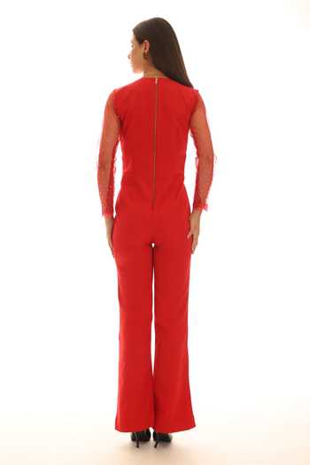 Shop_Parneet Gujral_Red Crepe, Net Round Neck Floral Yoke Embroidered Jumpsuit _at_Aza_Fashions