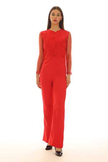 Parneet Gujral_Red Crepe, Net Round Neck Floral Yoke Embroidered Jumpsuit _Online_at_Aza_Fashions