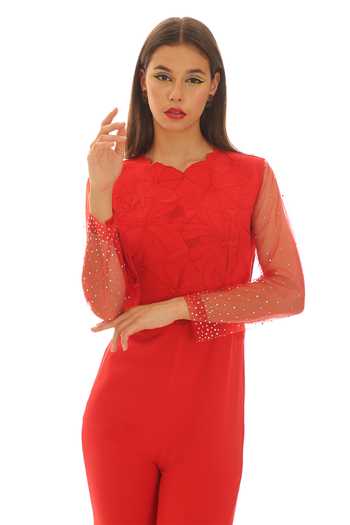 Shop_Parneet Gujral_Red Crepe, Net Round Neck Floral Yoke Embroidered Jumpsuit _Online_at_Aza_Fashions
