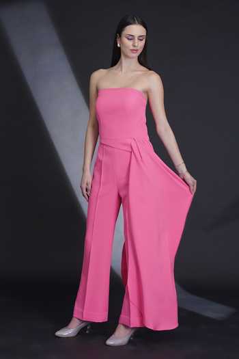 Parneet Gujral_Pink Crepe Bandeau Neck Draped Jumpsuit _Online_at_Aza_Fashions