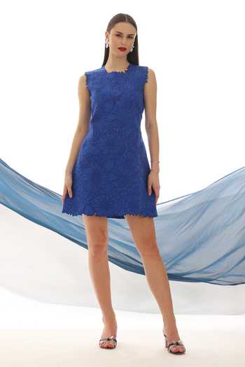 Parneet Gujral_Blue Crepe High Neck Sleeveless Embroidered Dress _Online_at_Aza_Fashions
