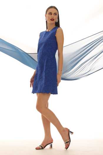 Shop_Parneet Gujral_Blue Crepe High Neck Sleeveless Embroidered Dress _Online_at_Aza_Fashions