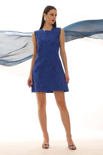 Parneet Gujral_Blue Crepe High Neck Sleeveless Embroidered Dress _at_Aza_Fashions