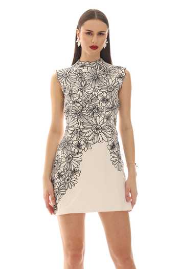 Shop_Parneet Gujral_White Crepe Round Neck Flower Placement Embroidered Dress _Online_at_Aza_Fashions