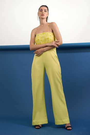 Shop_Parneet Gujral_Yellow Crepe Bandeau Neck Floral Placement Embroidered Jumpsuit _at_Aza_Fashions