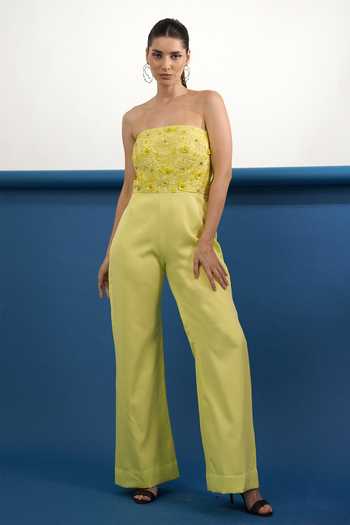 Parneet Gujral_Yellow Crepe Bandeau Neck Floral Placement Embroidered Jumpsuit _Online_at_Aza_Fashions