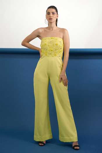 Buy_Parneet Gujral_Yellow Crepe Bandeau Neck Floral Placement Embroidered Jumpsuit _at_Aza_Fashions