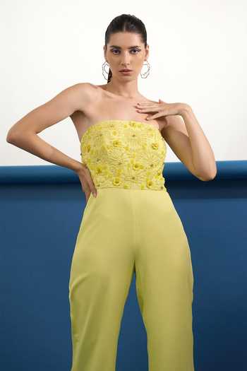 Buy_Parneet Gujral_Yellow Crepe Bandeau Neck Floral Placement Embroidered Jumpsuit _Online_at_Aza_Fashions