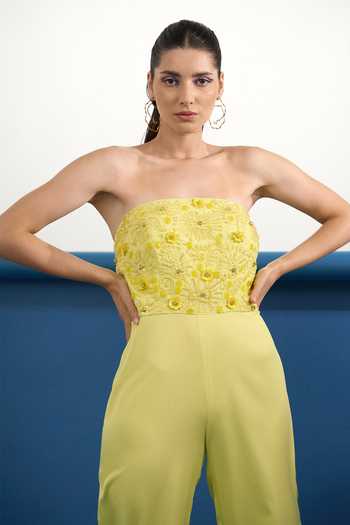 Shop_Parneet Gujral_Yellow Crepe Bandeau Neck Floral Placement Embroidered Jumpsuit _Online_at_Aza_Fashions