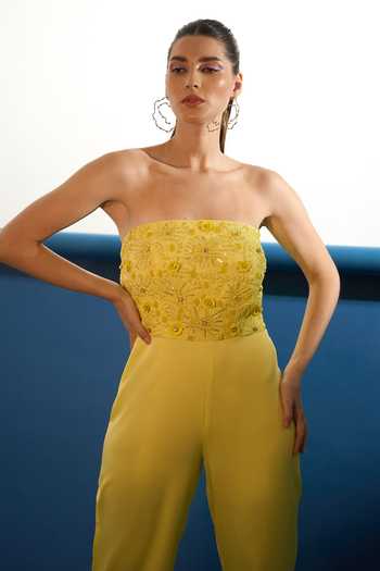 Buy_Parneet Gujral_Yellow Crepe Bandeau Neck Floral Placement Embroidered Jumpsuit 