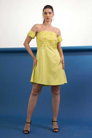 Shop_Parneet Gujral_Yellow Crepe Bandeau Neck Floral Embroidered Dress _at_Aza_Fashions