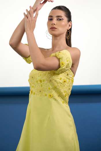 Shop_Parneet Gujral_Yellow Crepe Bandeau Neck Floral Embroidered Dress _Online_at_Aza_Fashions