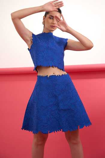 Shop_Parneet Gujral_Blue Crepe Floral Embroidered Skirt _at_Aza_Fashions