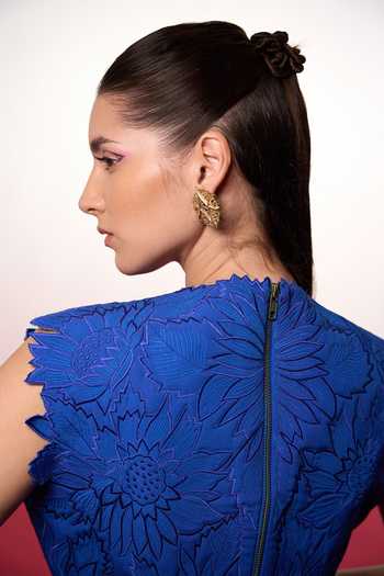 Shop_Parneet Gujral_Blue Crepe High Neck Floral Embroidered Jumpsuit _at_Aza_Fashions