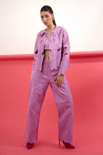 Parneet Gujral_Purple Crepe Open Neck Floral Cutwork Embroidered Top _Online_at_Aza_Fashions