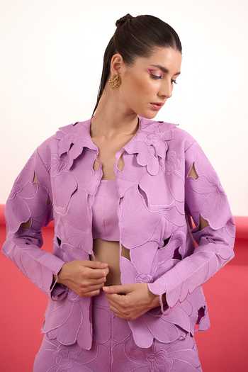 Buy_Parneet Gujral_Purple Crepe Open Neck Floral Cutwork Embroidered Top _at_Aza_Fashions