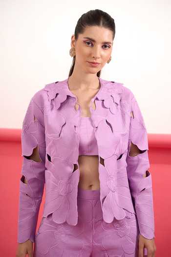 Shop_Parneet Gujral_Purple Crepe Open Neck Floral Cutwork Embroidered Top _Online_at_Aza_Fashions