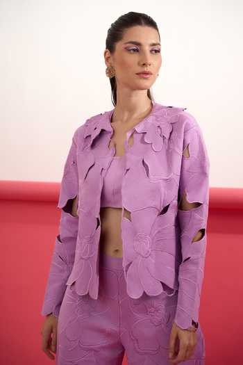 Parneet Gujral_Purple Crepe Open Neck Floral Cutwork Embroidered Top _at_Aza_Fashions