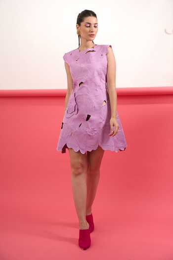 Buy_Parneet Gujral_Purple Crepe Round Neck Floral Cutwork Embroidered Dress _Online_at_Aza_Fashions