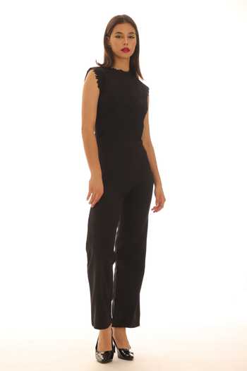 Parneet Gujral_Black Crepe Round Neck Cutwork Embroidered Jumpsuit _Online_at_Aza_Fashions