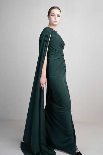 Parneet Gujral_Emerald Green Crepe Embroidery, Sequins One Shoulder Draped Gown _Online_at_Aza_Fashions