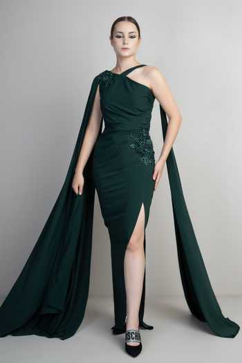 Buy_Parneet Gujral_Emerald Green Crepe Embroidery, Sequins One Shoulder Draped Gown _at_Aza_Fashions